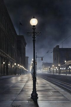 Fototapeta Rainy Night City Street with Illuminated Lamppost