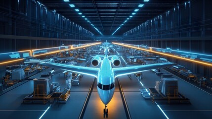 Futuristic aircraft assembly line with illuminated neon design elements