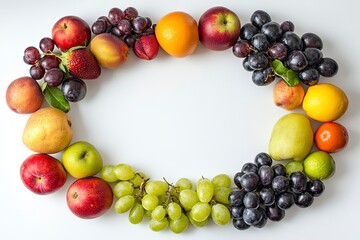 Arrangement of Fresh Fruits Creating a Circular Frame on White Background