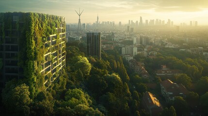 Obraz premium Overgrown building, cityscape sunrise, nature reclaiming urban space, environmental concept