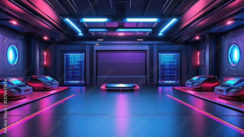 Poster futuristic warehouse with automated storage and retrieval robots moving inventory, smart logistics b