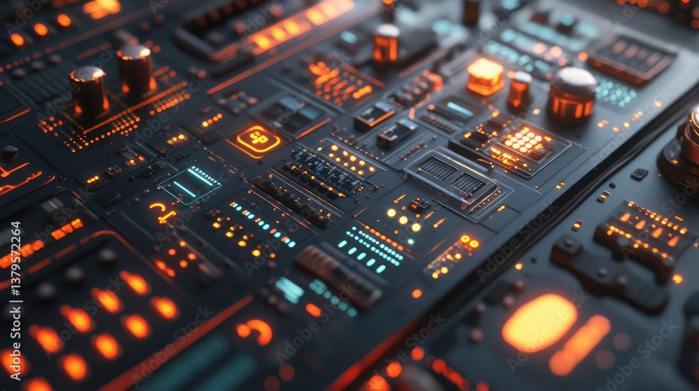 Poster high-tech factory with an illuminated control panel, digital interfaces, and automation technology. 