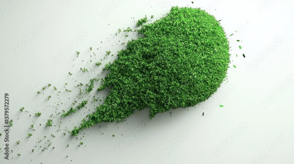 Poster green leafy material forming a dynamic shape on a light background capturing organic movement and na