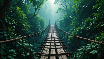 Fototapeta premium Enchanting bridge arching over a serene jungle setting surrounded by dense foliage and trees