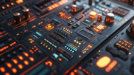 High-tech factory with an illuminated control panel, digital interfaces, and automation technology. A futuristic industrial workspace for precision manufacturing.