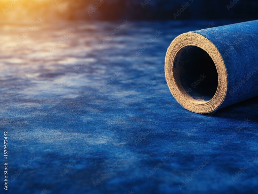 Poster blue rolled fabric on textured surface in natural light creating soft shadows and vibrant colors for