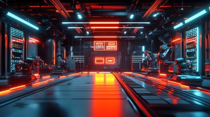 High-tech smart factory with industrial robots moving materials along a conveyor belt, automated production lines, and glowing digital screens in the background with copy space.