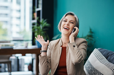 Phone call, smile and woman laughing in home office for comedy, joke or remote work on sofa....