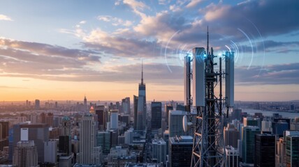Tower Technology Overlooking City Skyline at Sunset with Clouds