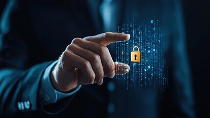 A hand reaching toward a digital lock over a background of binary code, symbolizing cybersecurity.