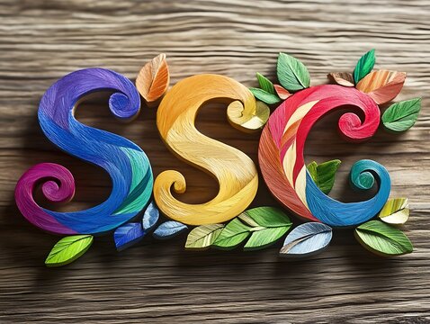 The word ssc in colorful quilled paper and leaves