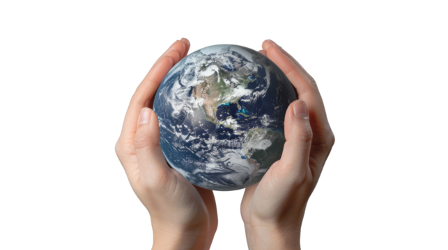 Global Embrace: A pair of hands tenderly cradle a miniature Earth, symbolizing care, conservation, and global unity. The composition evokes a sense of protection, stewardship.