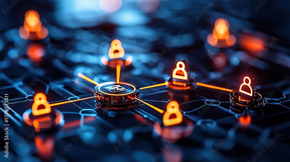 Poster digital illustration of a secure network with padlock icons and connected nodes.