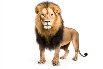 Fototapeta premium A majestic lion, king of the savanna, stands proud and regal, its dark mane a striking contrast to its golden fur against a stark white background.