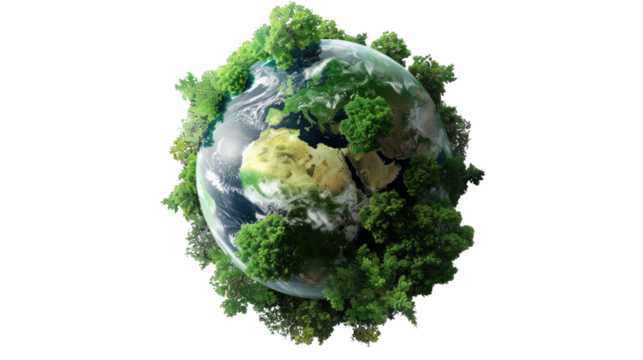 Planet Earth's Green Embrace: A vibrant Earth model, covered with lush trees, symbolizes environmental sustainability and the crucial need for global conservation