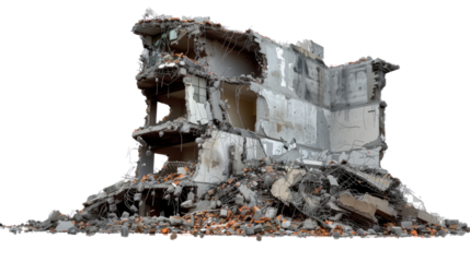 Demolished Architecture: The aftermath of a destructive force reveals a collapsed building, its skeletal frame and scattered debris hinting at a past structure.