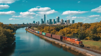 Fototapeta premium Long freight train crossing a bridge over a river with the skyline in the background, offering plenty of copy space for freight transport.