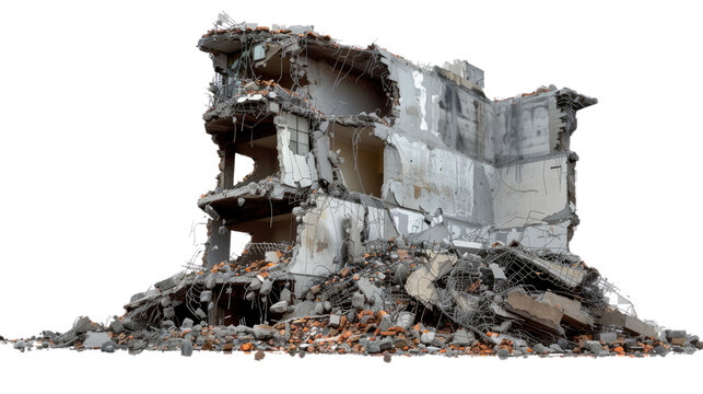 Demolished Architecture: The aftermath of a destructive force reveals a collapsed building, its skeletal frame and scattered debris hinting at a past structure.