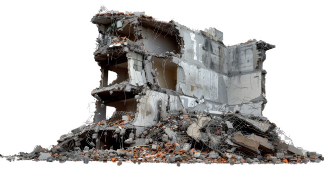 Demolished Architecture: The aftermath of a destructive force reveals a collapsed building, its skeletal frame and scattered debris hinting at a past structure.