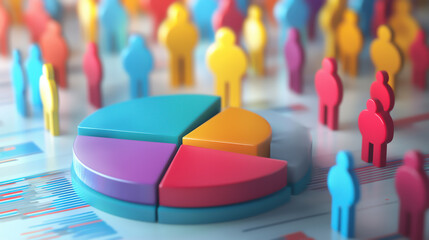 Fototapeta premium 3D rendered pie chart surrounded by multicolored human figure icons representing market segmentation and demographic analysis. Concept of data visualization, analytics, and business insight.