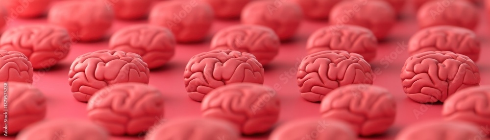 Aufkleber close-up view of numerous pink brain models arranged in rows on a soft pink surface, illustrating co