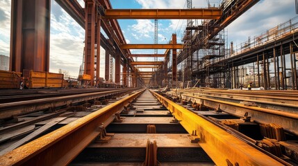 Modern steel bridge under construction, showcasing structural engineering with massive metal beams and intricate support systems. A symbol of architectural progress.