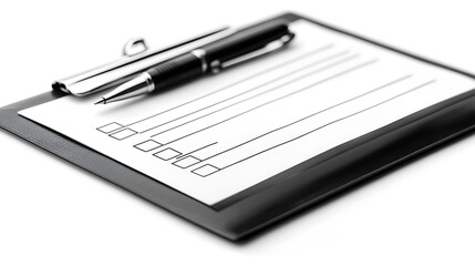 Business Clipboard with Pen, Checklist Form on White Paper, Isolated Closeup View