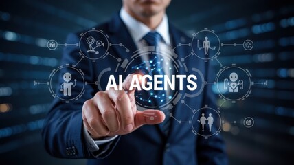 Businessman Interacting with AI Technology and Innovation Concepts