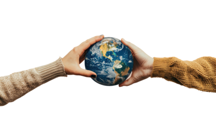Global Connection: A visual of two hands cupping a globe, symbolizing unity, connection, and care for the planet, suggesting environmental protection and global collaboration.