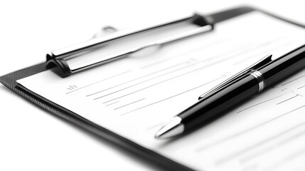 Naklejka premium Closeup Clipboard with Blank Paper and Elegant Pen on White Background