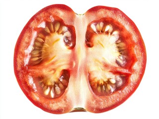 Close-up of a Freshly Sliced Tomato Displaying Seeds and Juicy Interior