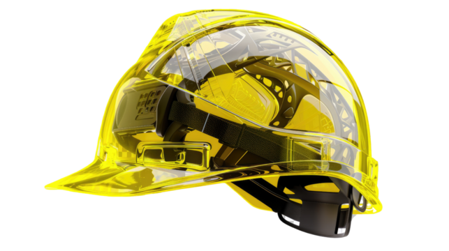 Transparent Protective Gear: A clear view of a yellow safety helmet, highlighting its transparent design for a modern, high-tech, and functional appeal, showcasing safety innovation