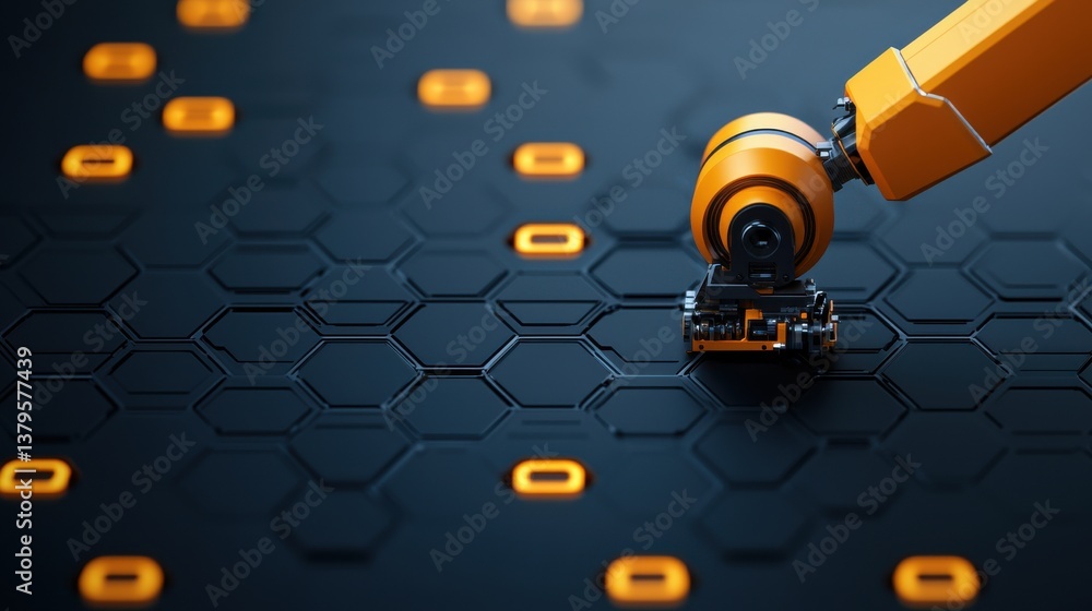 Poster a robotic arm precisely working on assembling complex in a high tech industrial environment with a d