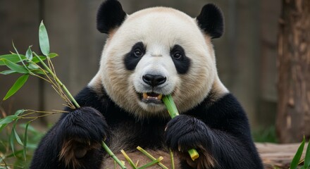 Obraz premium Giant Panda Holding Bamboo Leaves