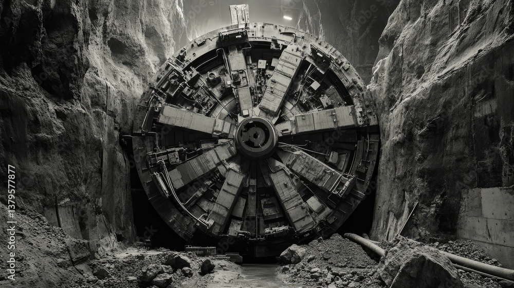 Poster symmetrical tunnel boring machine in action, carving through bedrock with precision engineering.