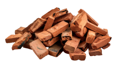 Pile of Bricks: A collection of red bricks, with varying shapes and textures, are arranged in a loose pile.