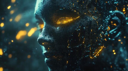 Abstract Face, Digital Art, Glowing Particles,  Dark Background,  Mysterious Portrait, Cyberpunk Style,  Neon Lights,  Intriguing Image,  Unique Artistic Expression