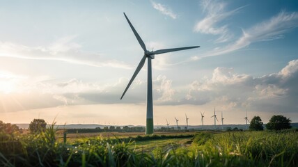 Obraz premium Renewable Energy Wind Turbine in Scenic Landscape with Blue Sky