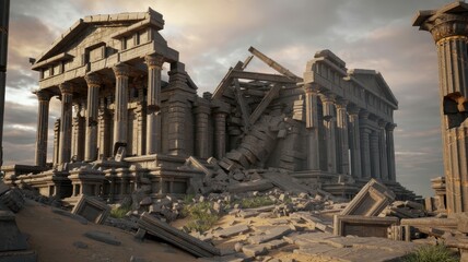 Fototapeta premium Ancient Ruins of a Grand Temple Surrounded by Fallen Columns and Debris