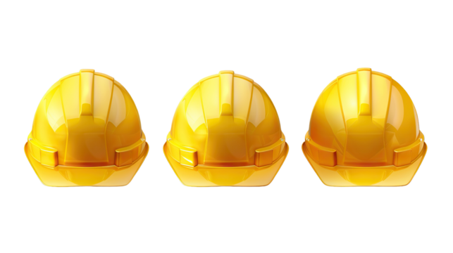 Safety Trio: A captivating composition presents three vibrant yellow hard hats, signifying safety and protection within a construction or industrial setting.