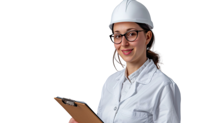Engineer's Professionalism: A skilled female engineer stands ready, holding a clipboard, showcasing professional expertise and dedication in her field. 