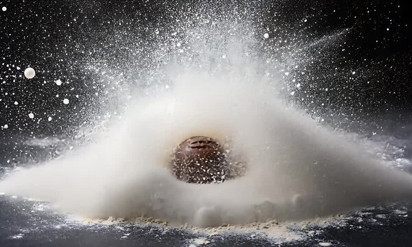 Flour explosion surrounds dark object