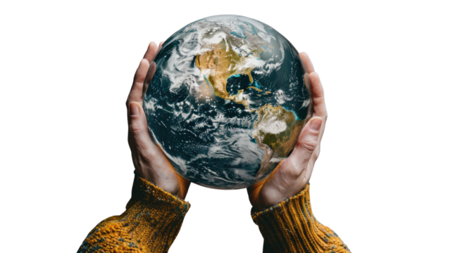 Earth in Hands: A person's hands cradle a detailed and vibrant representation of planet Earth, highlighting the beauty and fragility of our world