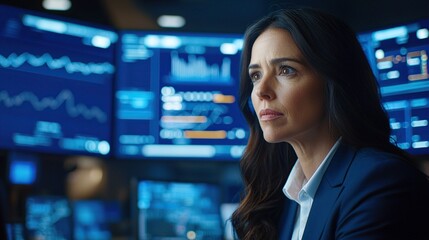Professional woman analyzing data in a high-tech control room with multiple screens displaying graphs and statistics.