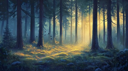 Obraz premium Enchanting forest illustration with sunlight filtering through tall trees