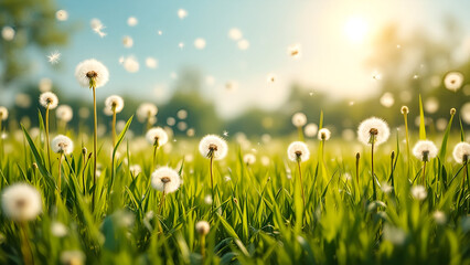青空の下、風に舞うたんぽぽの綿毛