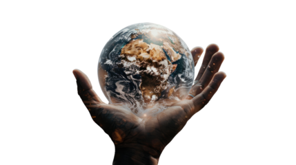 Global Embrace: A hand cradles a stunning, swirling globe, encapsulating the beauty and fragility of our planet, emphasizing global responsibility and conservation efforts