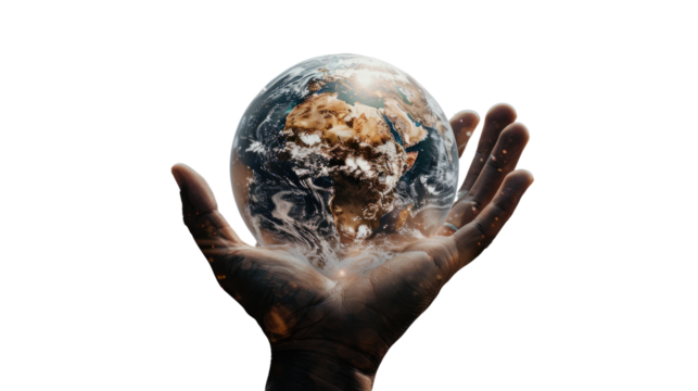 Global Embrace: A hand cradles a stunning, swirling globe, encapsulating the beauty and fragility of our planet, emphasizing global responsibility and conservation efforts