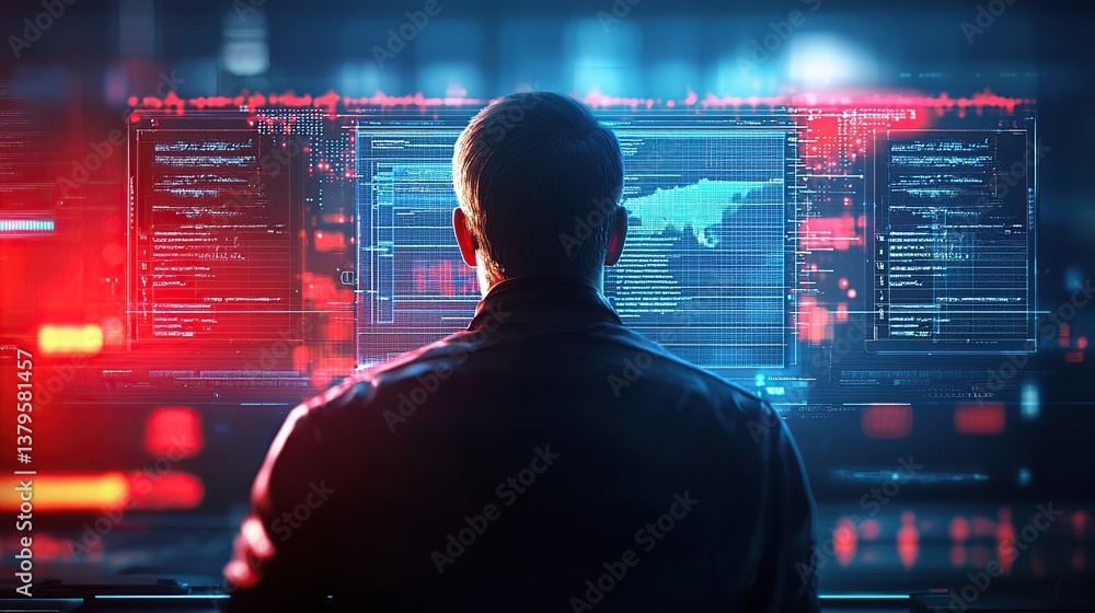 Poster a person analyzes data on a futuristic computer screen in a digital environment.