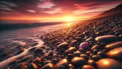 Obraz premium Crimson Sunset on Coastal Pebbles